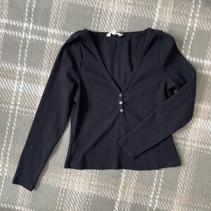 Boden black micro rib cropped Henley top M/10
